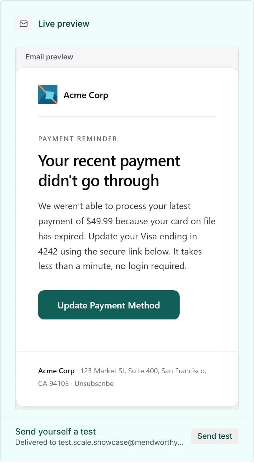 Branded recovery email preview alongside the merchant's tone and layout controls
